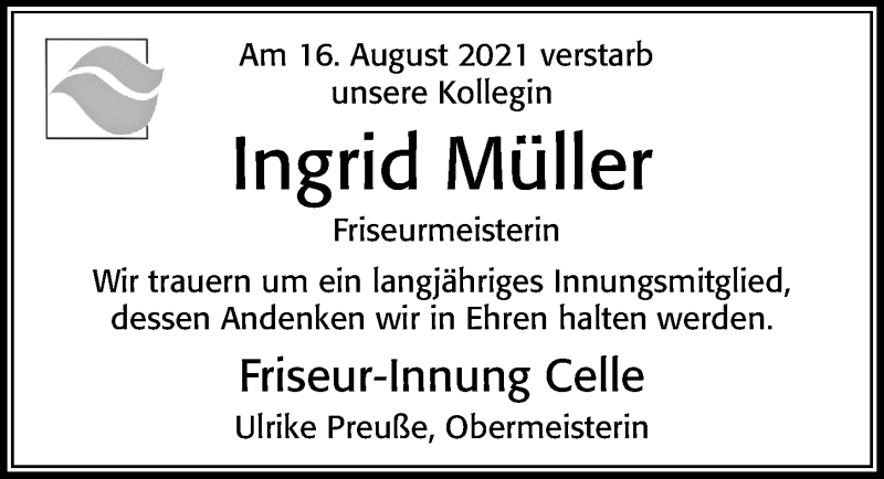  Traueranzeige für Ingrid Müller vom 25.08.2021 aus Cellesche Zeitung