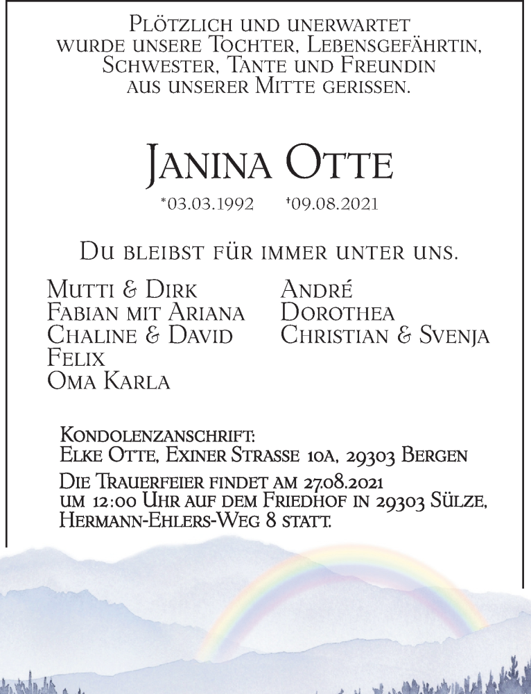  Traueranzeige für Janina Otte vom 25.08.2021 aus Cellesche Zeitung