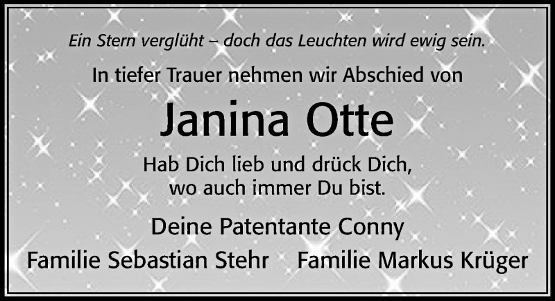  Traueranzeige für Janina Otte vom 26.08.2021 aus Cellesche Zeitung