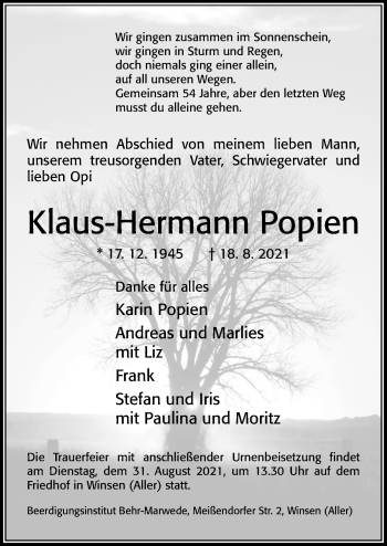 Traueranzeige von Klaus-Hermann Popien von Cellesche Zeitung