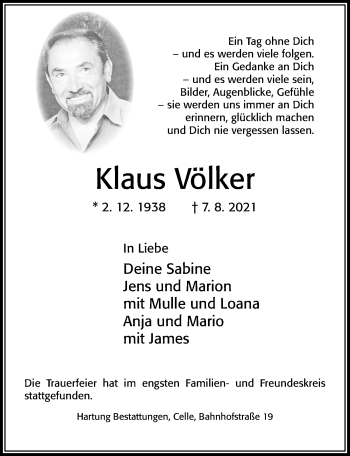 Traueranzeige von Klaus Völker von Cellesche Zeitung