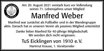 Traueranzeige von Manfred Weber von Cellesche Zeitung