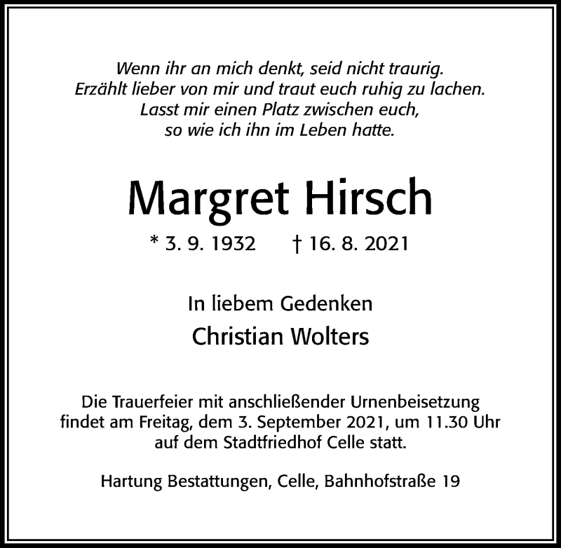  Traueranzeige für Margret Hirsch vom 28.08.2021 aus Cellesche Zeitung