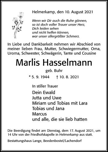 Traueranzeige von Marlis Hasselmann von Cellesche Zeitung