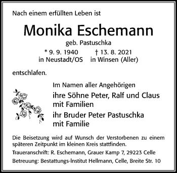 Traueranzeige von Monika Eschemann von Cellesche Zeitung