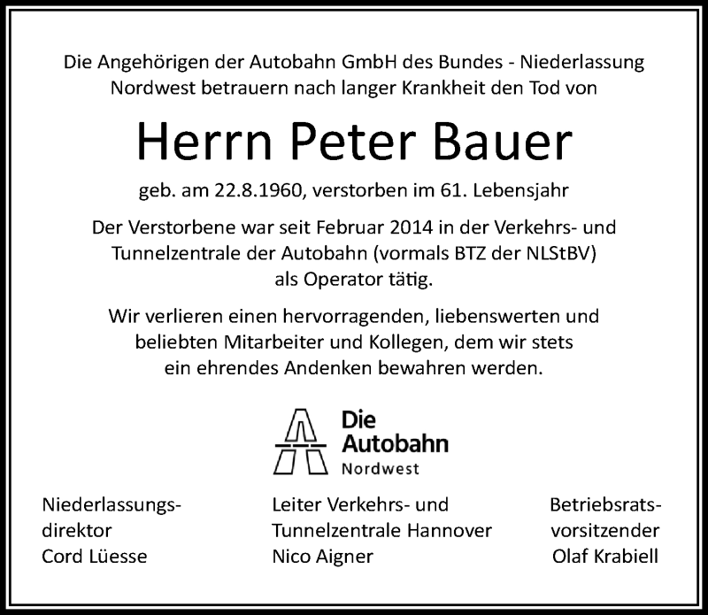  Traueranzeige für Peter Bauer vom 14.08.2021 aus Cellesche Zeitung