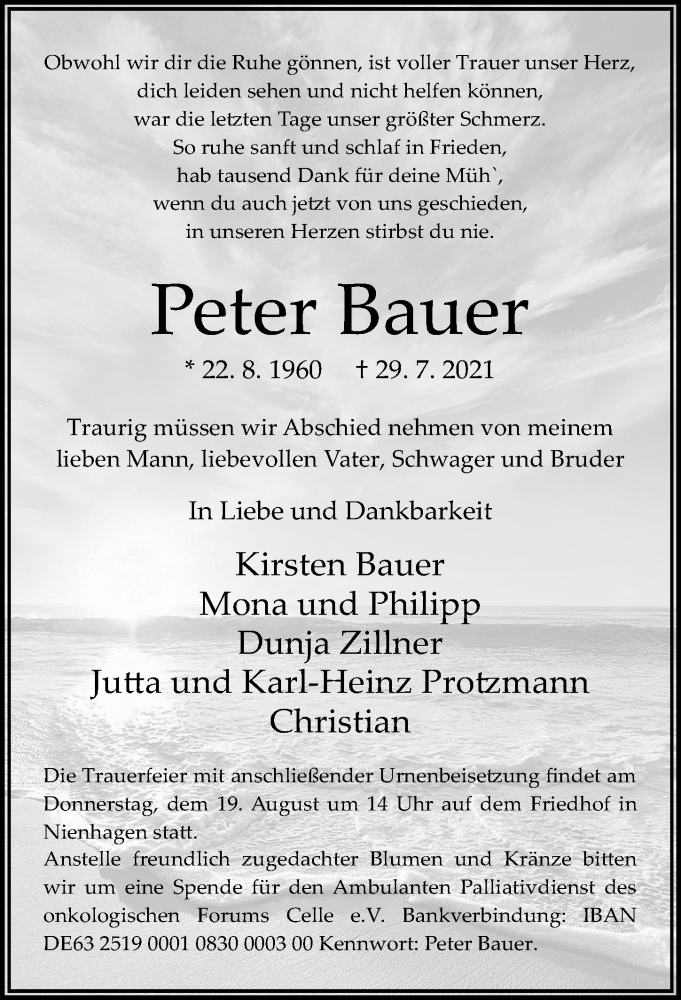  Traueranzeige für Peter Bauer vom 14.08.2021 aus Cellesche Zeitung