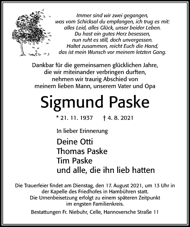  Traueranzeige für Sigmund Paske vom 07.08.2021 aus Cellesche Zeitung