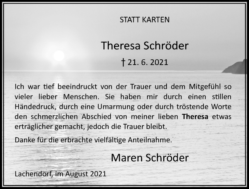  Traueranzeige für Theresa Schröder vom 13.08.2021 aus Cellesche Zeitung