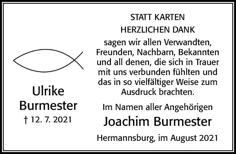  Traueranzeige für Ulrike Burmester vom 21.08.2021 aus Cellesche Zeitung