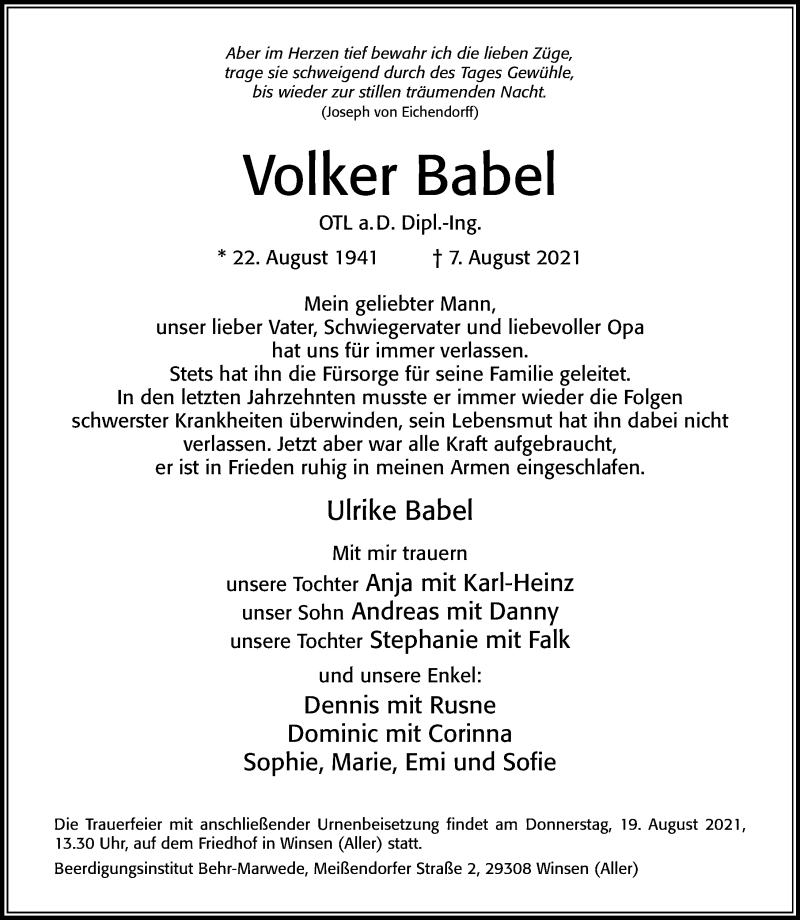  Traueranzeige für Volker Babel vom 14.08.2021 aus Cellesche Zeitung