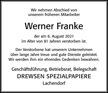 Traueranzeige von Werner Franke von Cellesche Zeitung