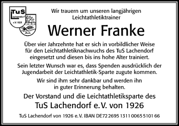 Traueranzeige von Werner Franke von Cellesche Zeitung