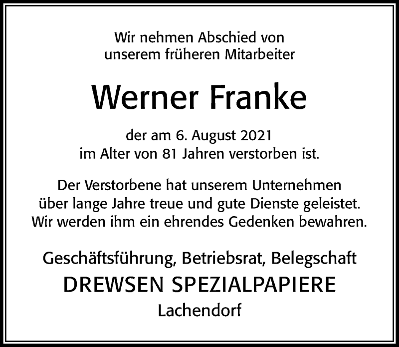  Traueranzeige für Werner Franke vom 11.08.2021 aus Cellesche Zeitung