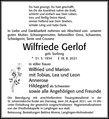 Traueranzeige von Wilfriede Gerlof von Cellesche Zeitung