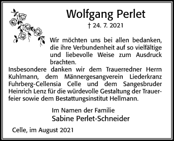 Traueranzeige von Wolfgang Perlet von Cellesche Zeitung