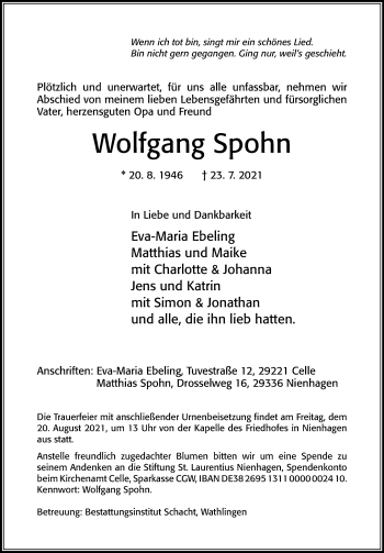 Traueranzeige von Wolfgang Spohn von Cellesche Zeitung