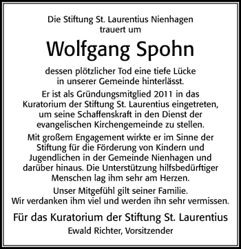 Traueranzeige von Wolfgang Spohn von Cellesche Zeitung