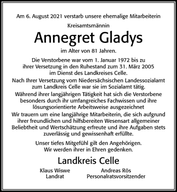 Traueranzeige von Annegret Gladys von Cellesche Zeitung