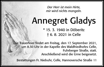 Traueranzeige von Annegret Gladys von Cellesche Zeitung