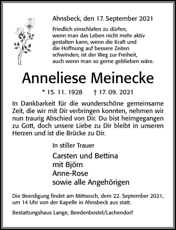 Traueranzeige von Anneliese Meinecke von Cellesche Zeitung