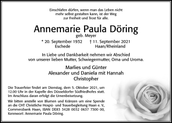 Traueranzeige von Annemarie Paula Döring von Cellesche Zeitung