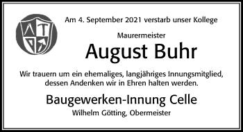 Traueranzeige von August Buhr von Cellesche Zeitung