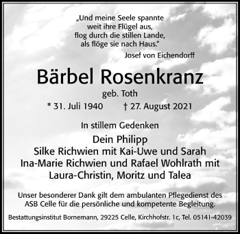 Traueranzeige von Bärbel Rosenkranz von Cellesche Zeitung