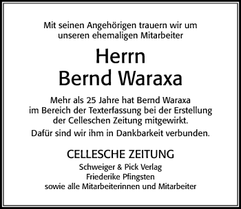 Traueranzeige von Bernd Waraxa von Cellesche Zeitung