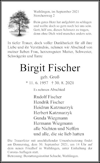 Traueranzeige von Birgit Fischer von Cellesche Zeitung