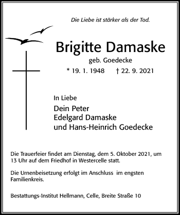 Traueranzeige von Brigitte Damaske von Cellesche Zeitung