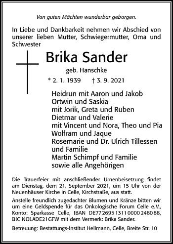 Traueranzeige von Brika Sander von Cellesche Zeitung