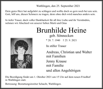 Traueranzeige von Brunhilde Heine von Cellesche Zeitung