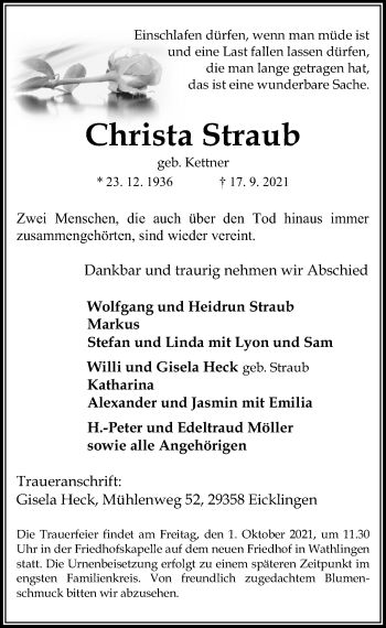 Traueranzeige von Christa Straub von Cellesche Zeitung