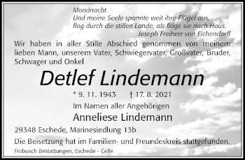 Traueranzeige von Detlef Lindemann von Cellesche Zeitung