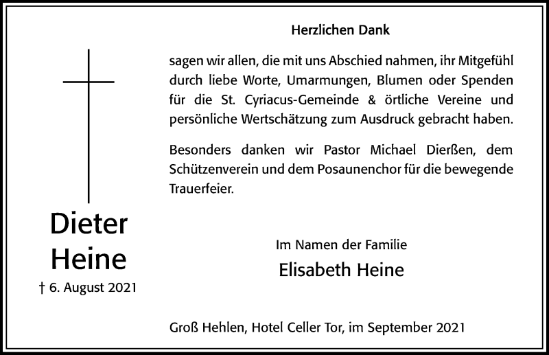 Traueranzeige für Dieter Heine vom 04.09.2021 aus Cellesche Zeitung