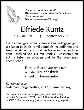 Traueranzeige von Elfriede Kuntz von Cellesche Zeitung