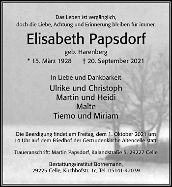 Traueranzeige von Elisabeth Papsdorf von Cellesche Zeitung