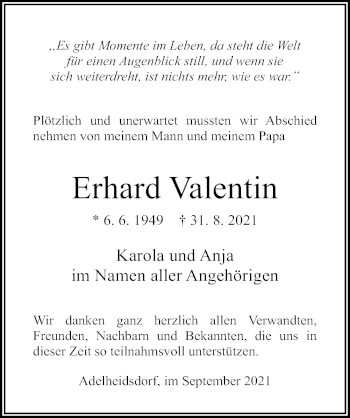 Traueranzeige von Erhard Valentin von Cellesche Zeitung