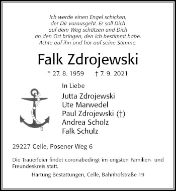 Traueranzeige von Falk Zdrojewski von Cellesche Zeitung