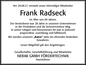 Traueranzeige von Frank Radseck von Cellesche Zeitung