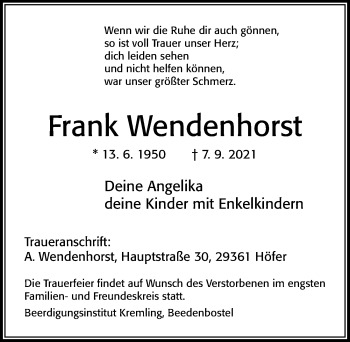 Traueranzeige von Frank Wendenhorst von Cellesche Zeitung