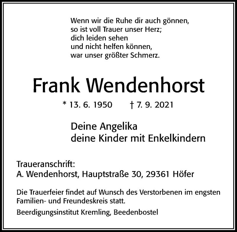  Traueranzeige für Frank Wendenhorst vom 11.09.2021 aus Cellesche Zeitung