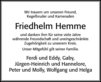 Traueranzeige von Friedhelm Hemme von Cellesche Zeitung