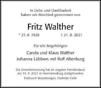 Traueranzeige von Fritz Walther von Cellesche Zeitung