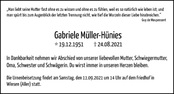 Traueranzeige von Gabriele Müller-Hünies von Cellesche Zeitung