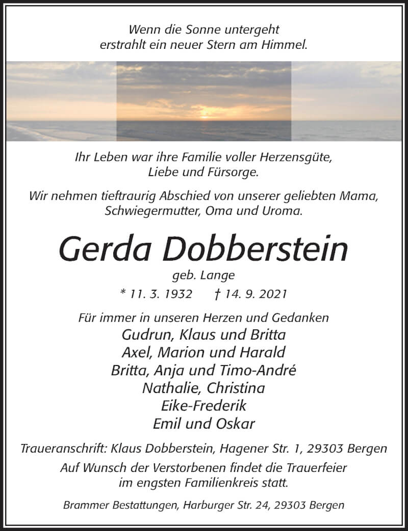  Traueranzeige für Gerda Dobberstein vom 18.09.2021 aus Cellesche Zeitung