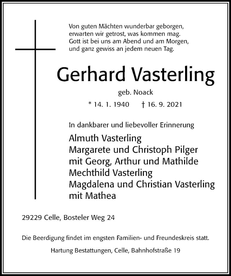  Traueranzeige für Gerhard Vasterling vom 18.09.2021 aus Cellesche Zeitung