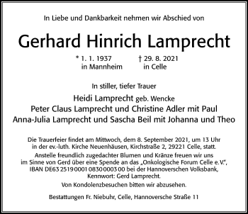 Traueranzeige von Gerhard Hinrich Lamprecht von Cellesche Zeitung