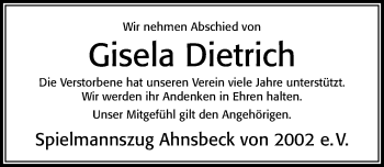 Traueranzeige von Gisela Dietrich von Cellesche Zeitung